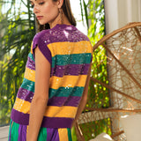 Time To Sparkle Mardi Gras Glitter Loose Fit Sleeveless Sweater