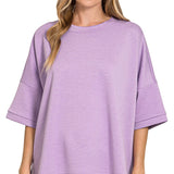 Soft Spoken Lavender Scuba Round Neck Top With Side Slits