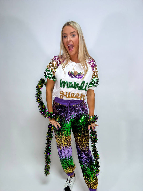 Throw Me Something Mrs. Tinsel Mardi Gras Pullover with Sequins