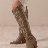 The Bronco Knee High Embordered Cowgirl Boots Dark Taupe