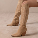 The Bronco Knee High Embordered Cowgirl Boots Almond