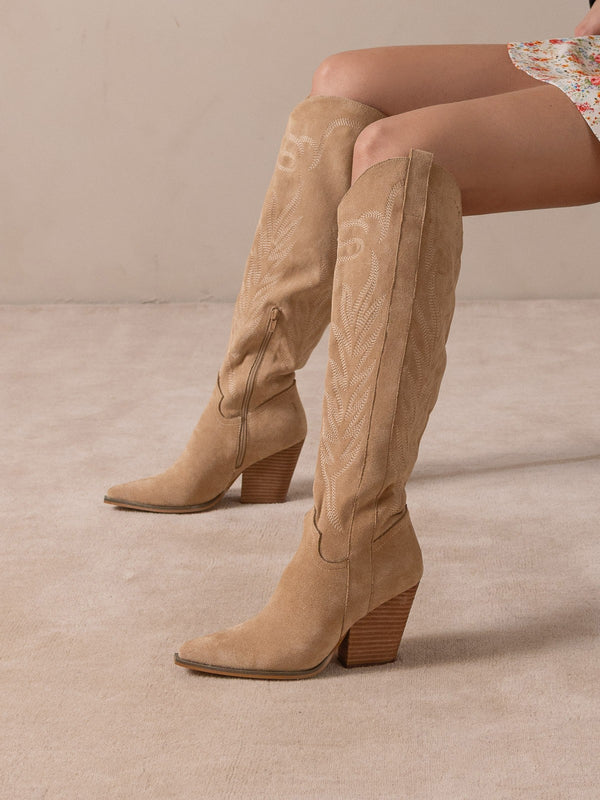 The Bronco Knee High Embordered Cowgirl Boots Almond