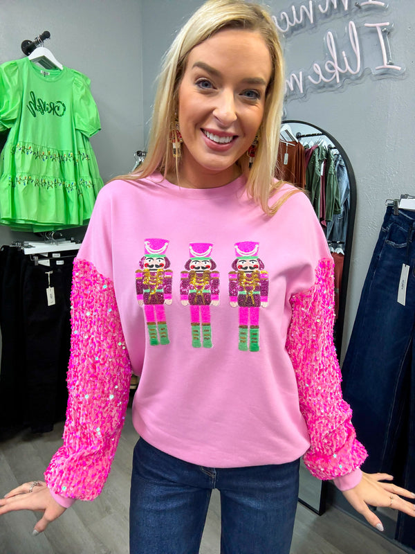 Christmas Nutcracker Sequin Sleeve Sweatshirt Pink