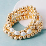 Ribbed Gold Bead and Pearl Stretch Bracelet Set