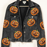 Pumpkin Sequin Embroidery Washed Corduroy Jacket