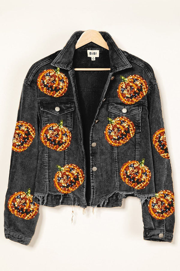 Pumpkin Sequin Embroidery Washed Corduroy Jacket