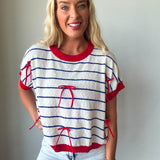 Bow Patch Stripe Loose Fit Crop Sweater Top