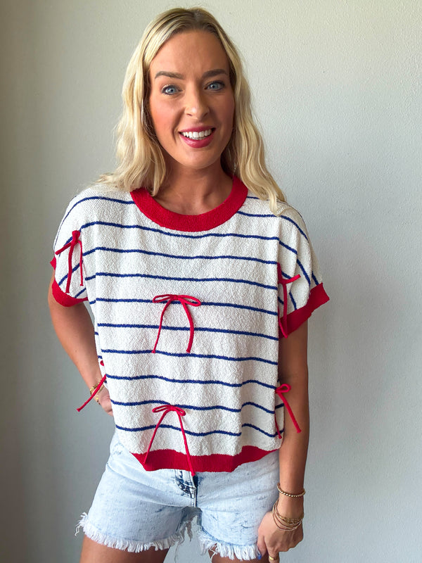 Bow Patch Stripe Loose Fit Crop Sweater Top