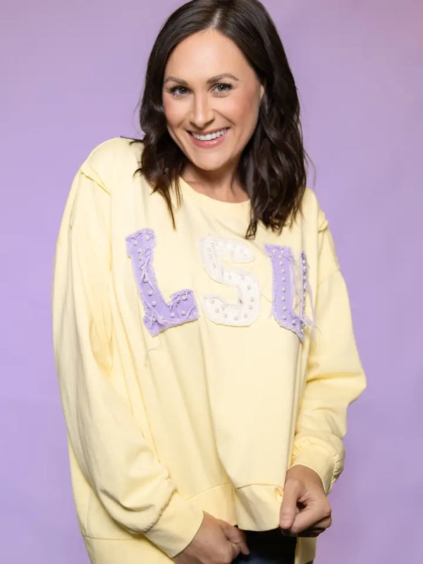 LSU (Licensed) | Women's Distressed Embroidery Pullover