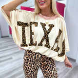 Leopard Print Texas Patchwork Overlock Stitch Top