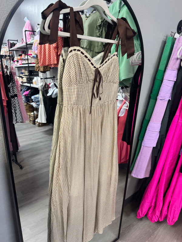 Girly in Gingham Brown Dress