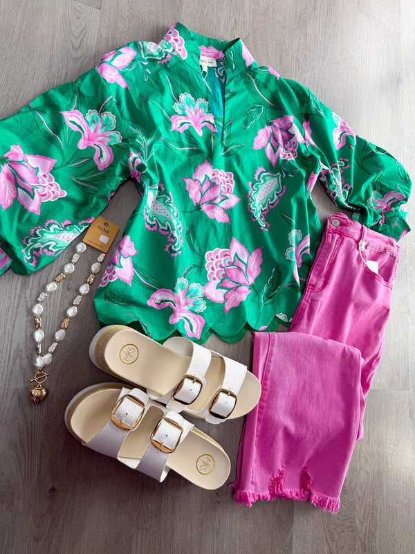 Emerald Bloom Scallop Blouse