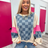 Catching Eyes Checkered Denim and Pink Pullover