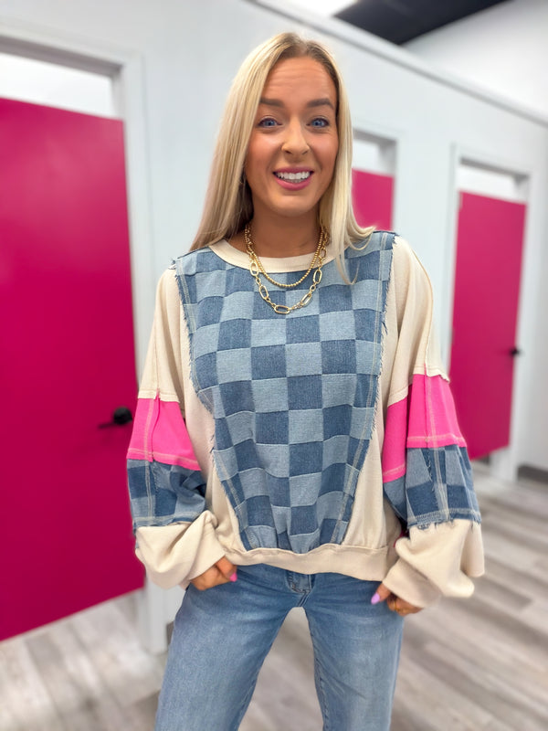Catching Eyes Checkered Denim and Pink Pullover