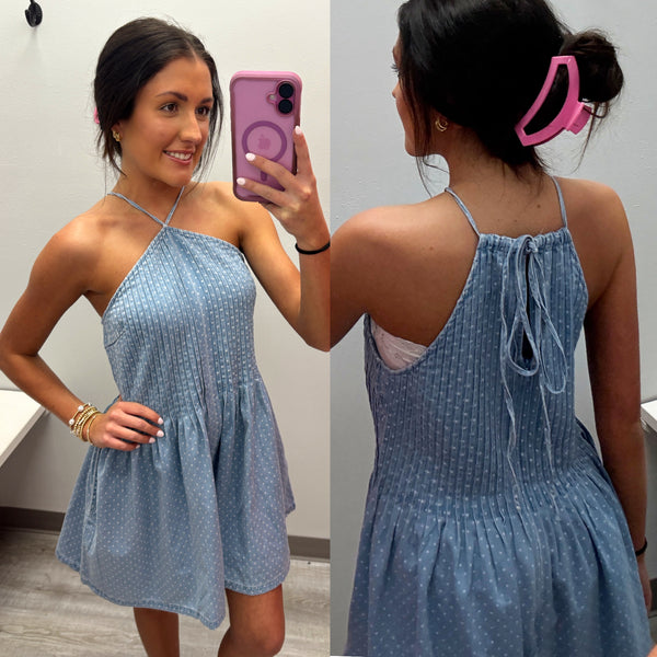 Polka Dot Printed Denim Romper