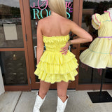 It's My Time Strapless Tired Mini Dress Romper Yellow