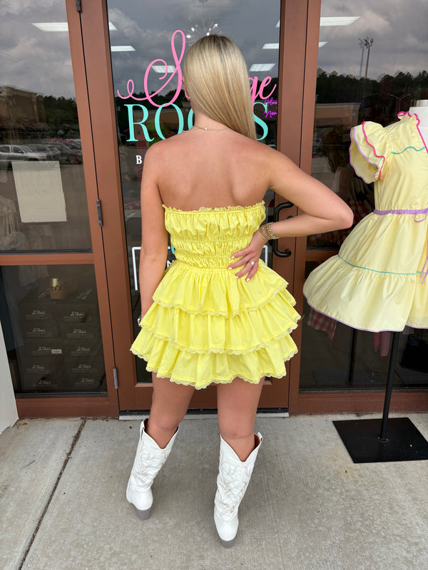 It's My Time Strapless Tired Mini Dress Romper Yellow