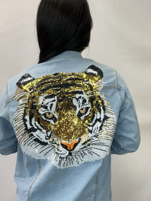 Golden Roar - Women's Sequin Embroidery Tiger Denim Jacket