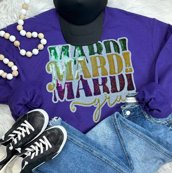 Mardi Gras Words Sequin Patch Purple Crewneck Sweatshirt