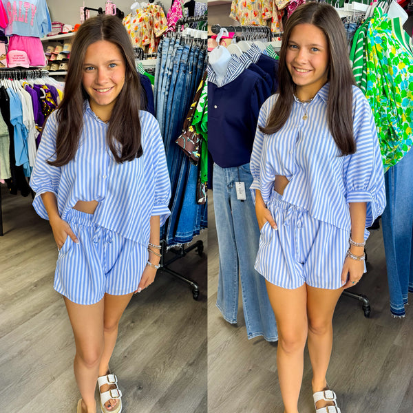 Sail Away Striped Cropped Oversized Shirt W/ Matching Shorts | SET