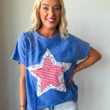 Mineral Washed Usa Stripe Star Lace Patch Knit Top