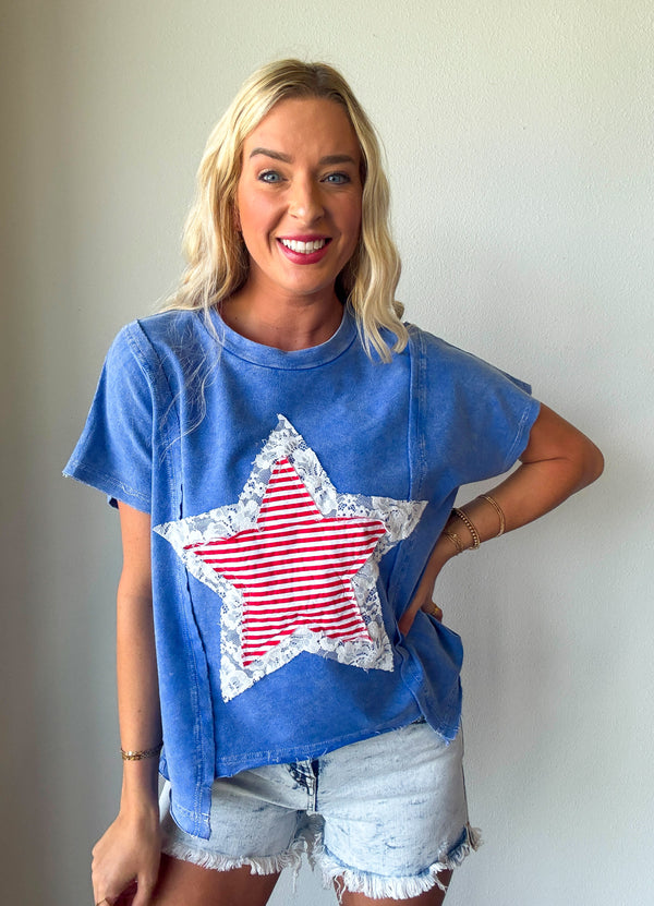 Mineral Washed Usa Stripe Star Lace Patch Knit Top