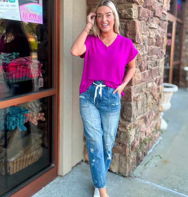 Magenta V Neck Top