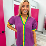 Mardi Gras Woven Contrast Ruffled Puff Sleeves Top