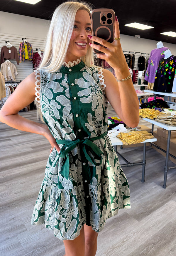 Lace Green Pearl Button Dress