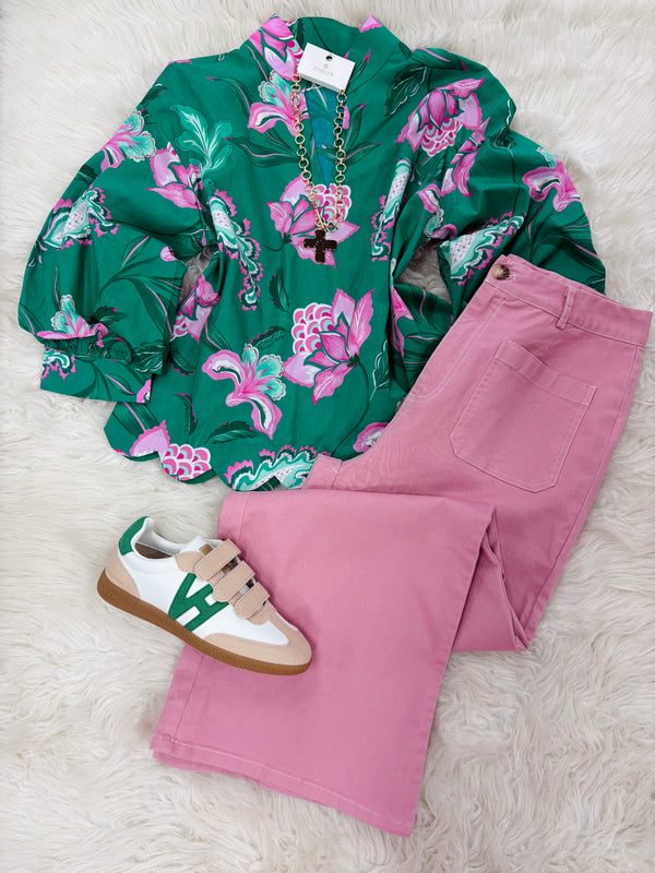 Emerald Bloom Scallop Blouse