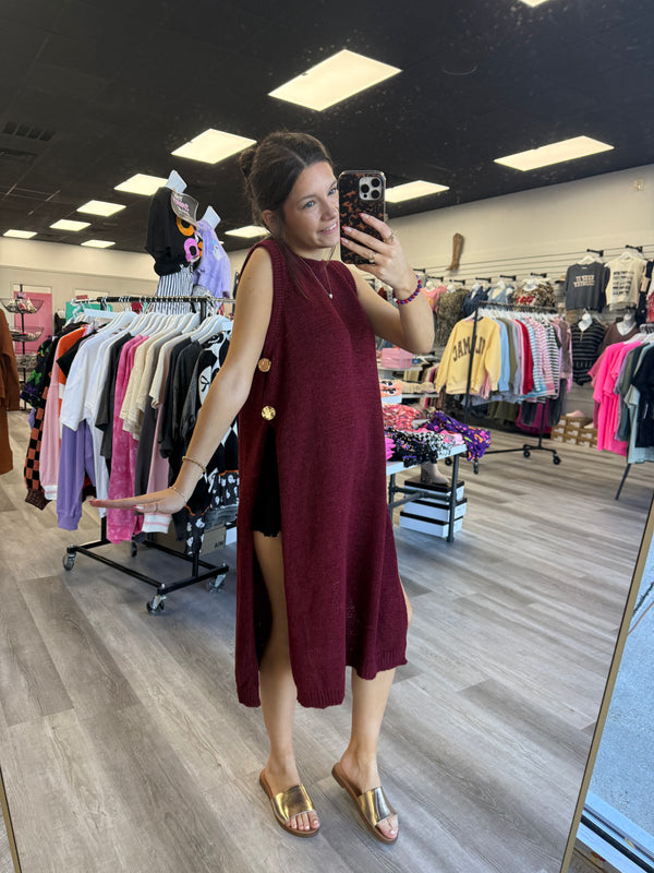 All My Attention Knit Sleeveless Slit Top Burgundy