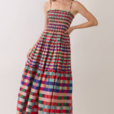 Autumn Rainbow Smocked Bodice Plaid Tiered Maxi Dress