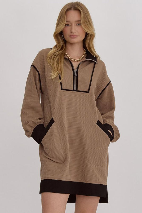 On A Coffee Run Zip Dress - Mocha