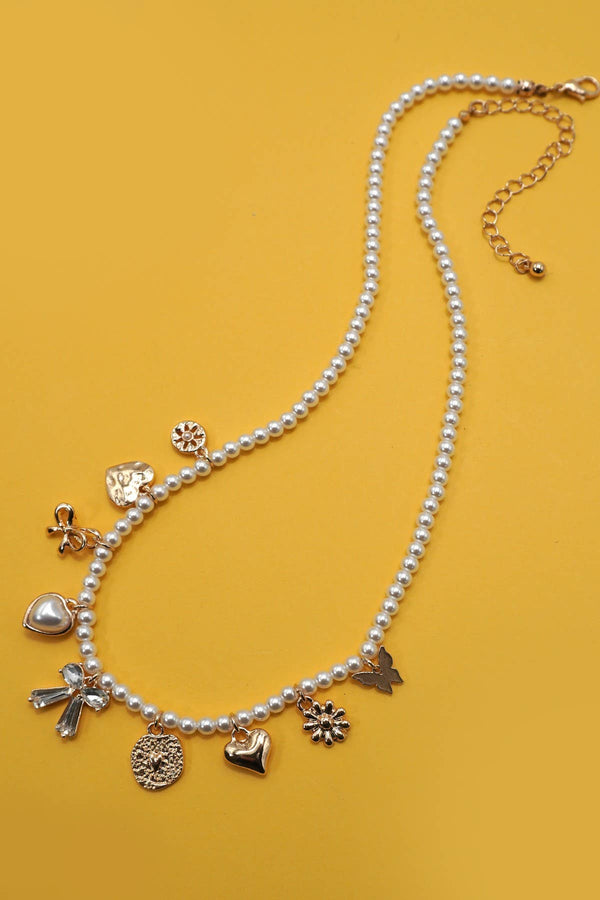 CHARM NECKLACE-BOW SUNFLOWER HEART PEARL CHAIN