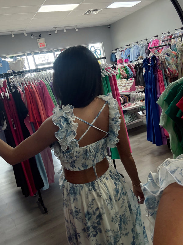 In My Heart Blue Floral Pattern Ruffle Maxi