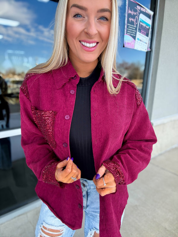 Wine Sequin Collared Button Down Shacket