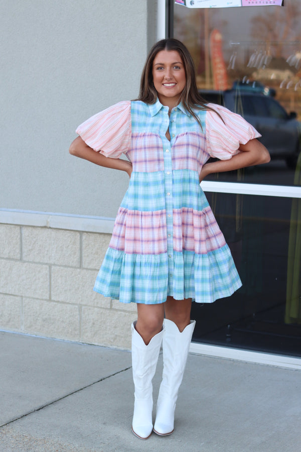 Plaid to Be Here - Pink and Blue Dress