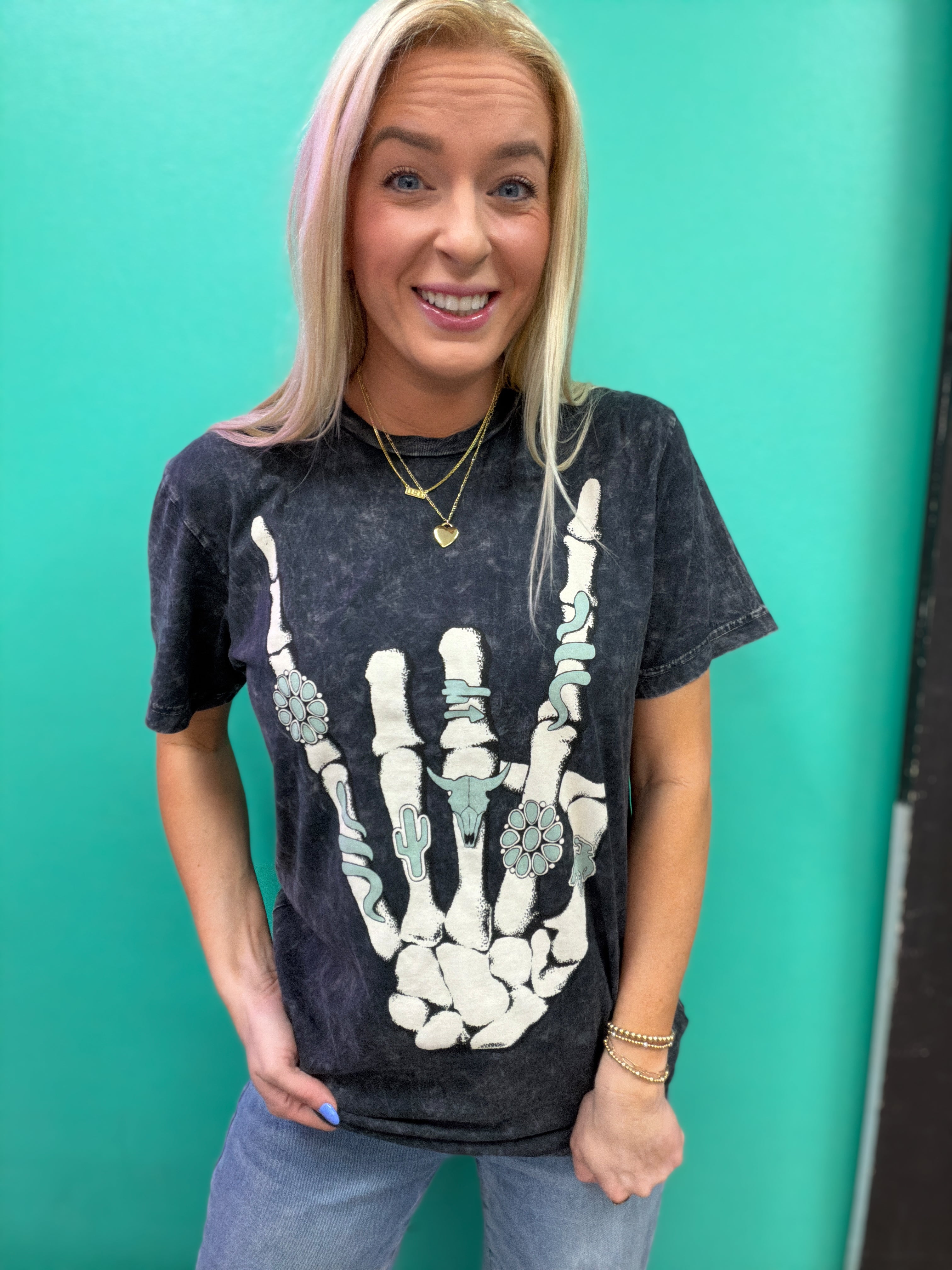 Skeleton Turquoise Hand Graphic Tee