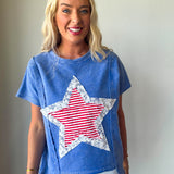 Mineral Washed Usa Stripe Star Lace Patch Knit Top