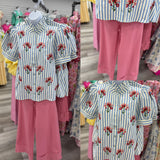 Blue Stripe Floral Puff Sleeve Top