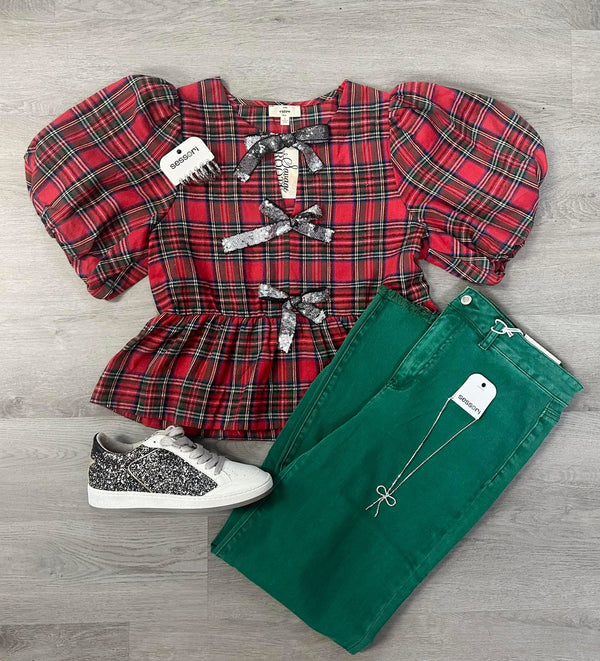 Tied with Joy Christmas Plaid Top with Bows