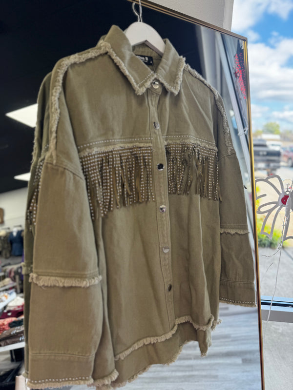 Olive Studded Fringe Shacket