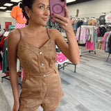 Suede Romper With Button Front And Pocket