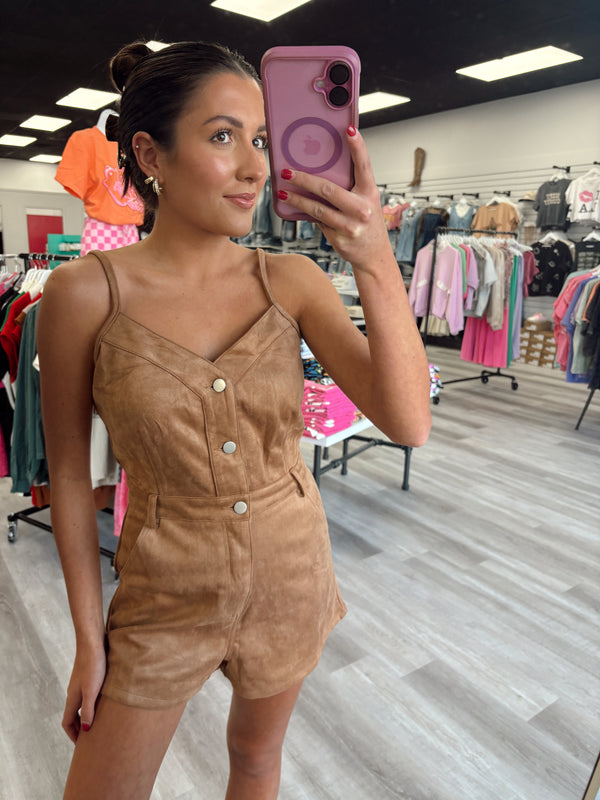 Suede Romper With Button Front And Pocket