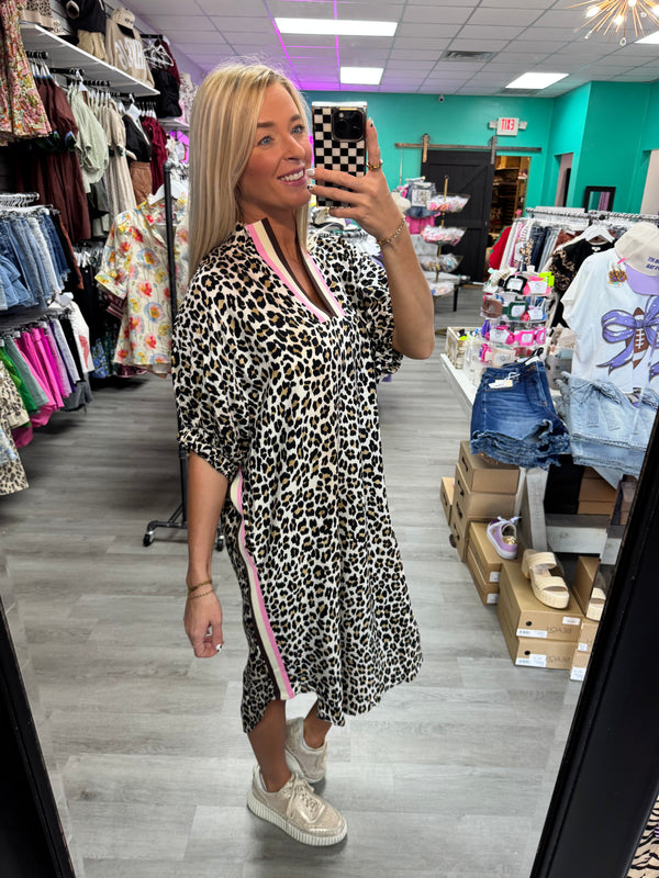 Leopard Dress with Ribbon Collar