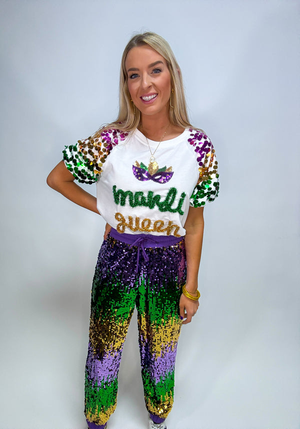 Throw Me Something Mrs. Tinsel Mardi Gras Pullover with Sequins