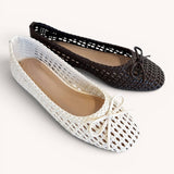 Woven Lattice Ballet Flats with Ribbon Bow Deta