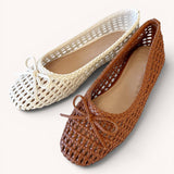 Woven Lattice Ballet Flats with Ribbon Bow Deta