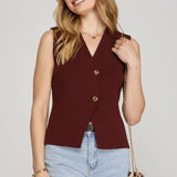 Go - Getter Sleeveless Gold Button Sweater Vest Wine