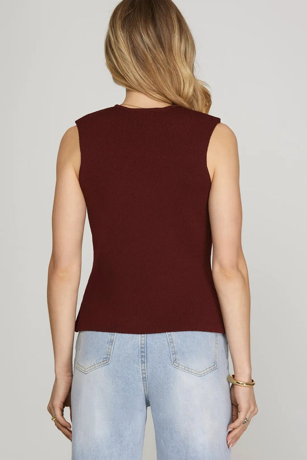 Go - Getter Sleeveless Gold Button Sweater Vest Wine